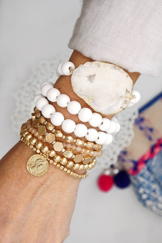Boho Bracelet Stack with a Coin in worn gold tone