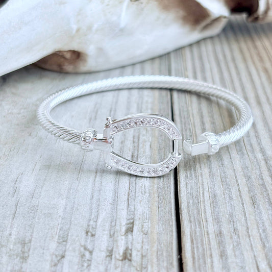 Western Horseshoe Groove Rhinestone Cable Bangle Bracelet