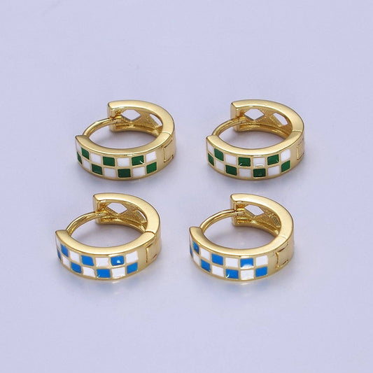 24K Gold Filled Enamel Checker Hoops Earring Retro Gold Hugg: Green