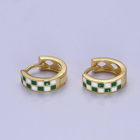 24K Gold Filled Enamel Checker Hoops Earring Retro Gold Hugg: Green