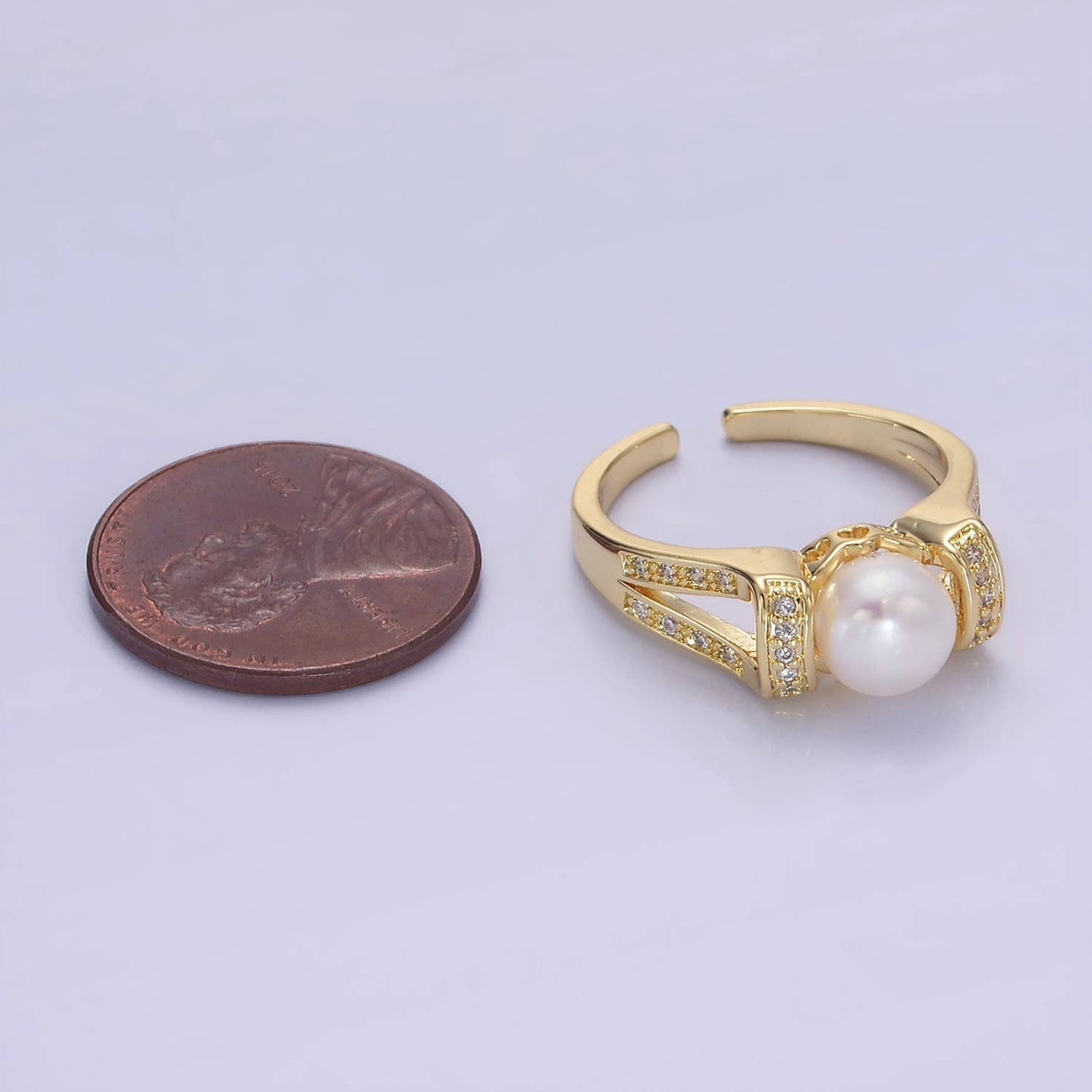 14K Gold Shell Pearl Micro Paved CZ Double Band Ring | O1344