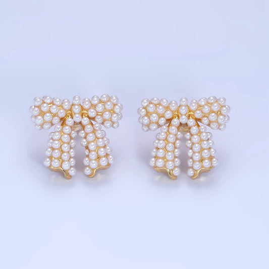 14K Gold Filled Pearl Ribbon Bow Stud Earrings : Gold