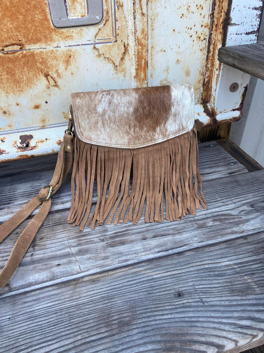 Sadie Cowhide and Tan Suede Fringe Western Purse, Crossbody