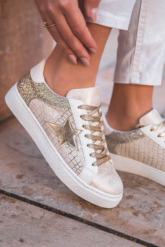 Glitter Star Patchwork PU Leather Lace-up Sneakers: Gold