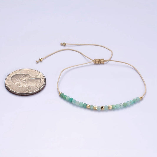 Minimalist Gold Turquoise Multifaceted Cream Cotton String Slider Bracelet | WA-2196 ~ WA-2198: Style C