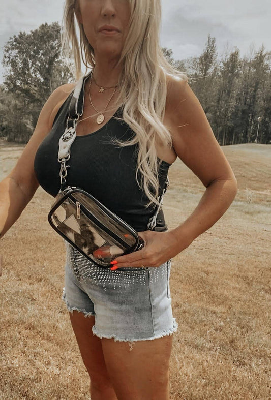 Clear Stadium Sling Purse with Cowhide Strap
