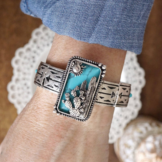 Western Cactus Statement Bangle Bracelet – Silver & Turquoise