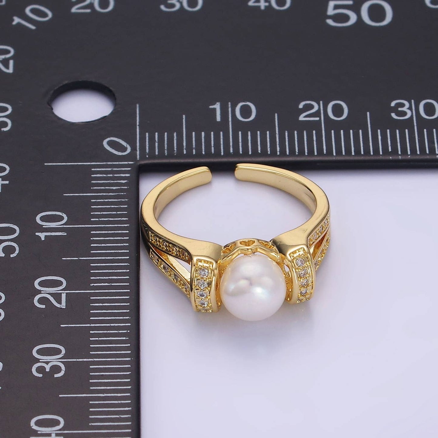 14K Gold Shell Pearl Micro Paved CZ Double Band Ring | O1344