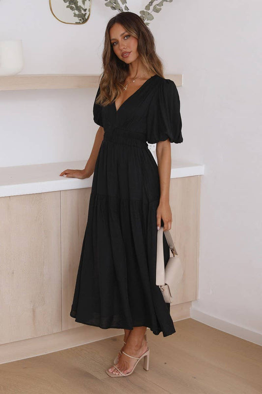 SOLID COLOR DARK V LANTERN  SLEEVE DRESS