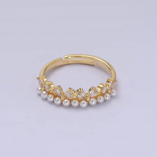 14K Gold Filled Pearl Clear CZ Teardrop Lined Adjustable Ring | O1190