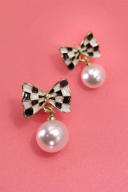 CHECKER BOW PEARL DROP EARRINGS
